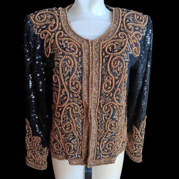 Small Vintage Bolero Jacket Black Gold Beaded Sequin Embroidery Patra - Picture 1 of 15